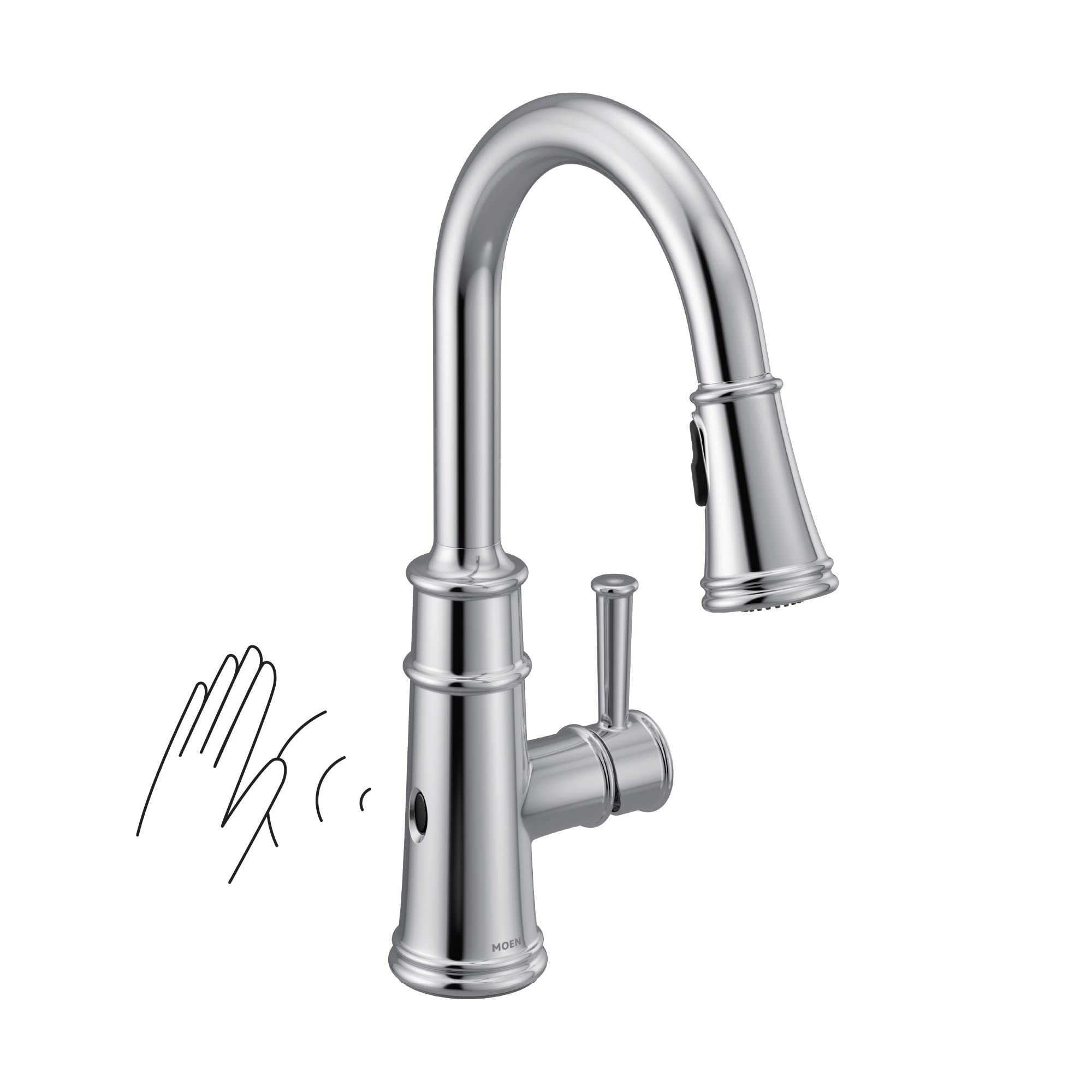 Chrome pulldown kitchen faucet with curved spout, single handle, and motion sensor activation indicated by hand gesture.