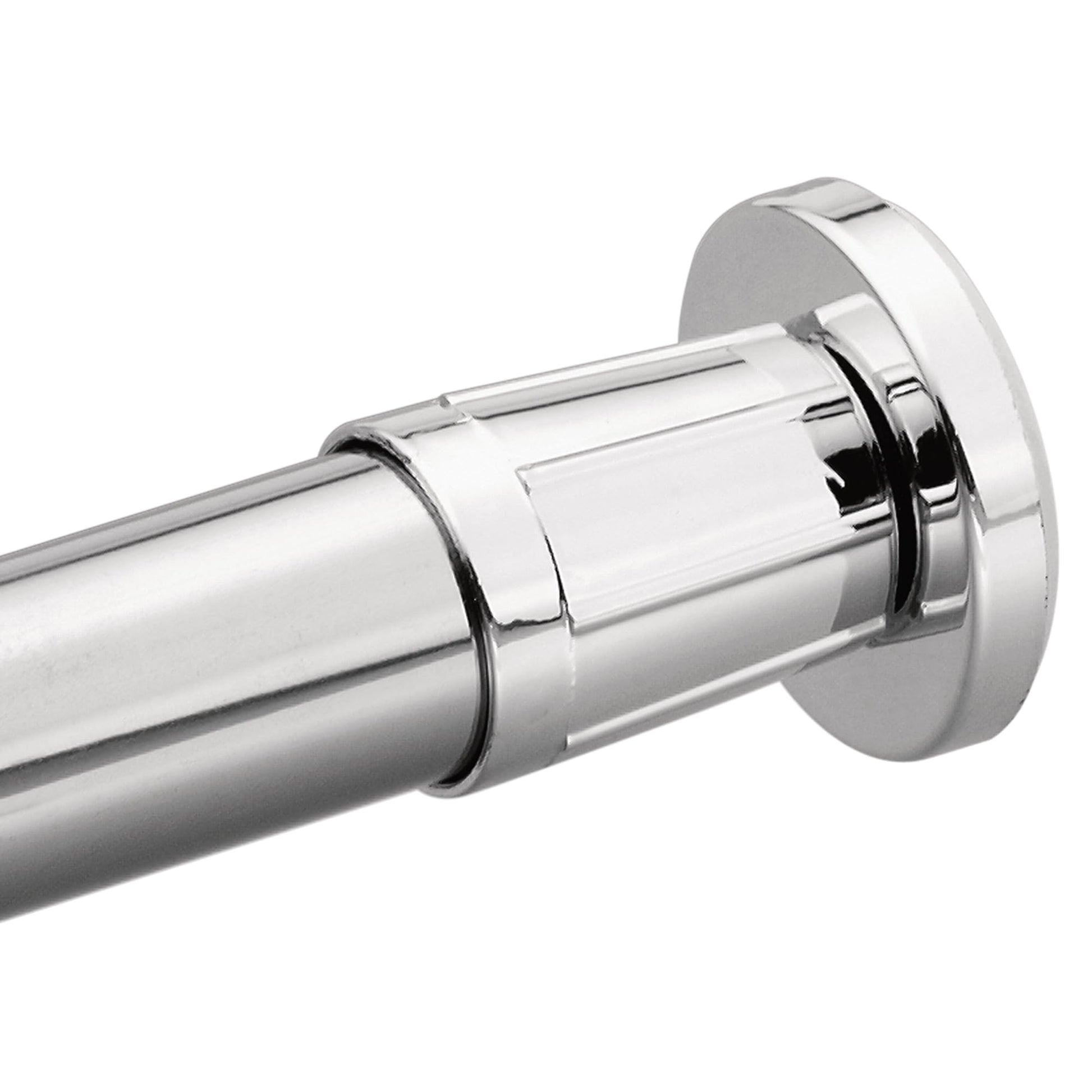 Chrome shower rod with adjustable flange and mounting bracket for wall installation.