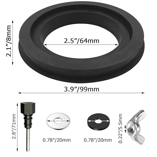 Black rubber gasket ring with bolt and washer components for toilet tank-to-bowl connection.