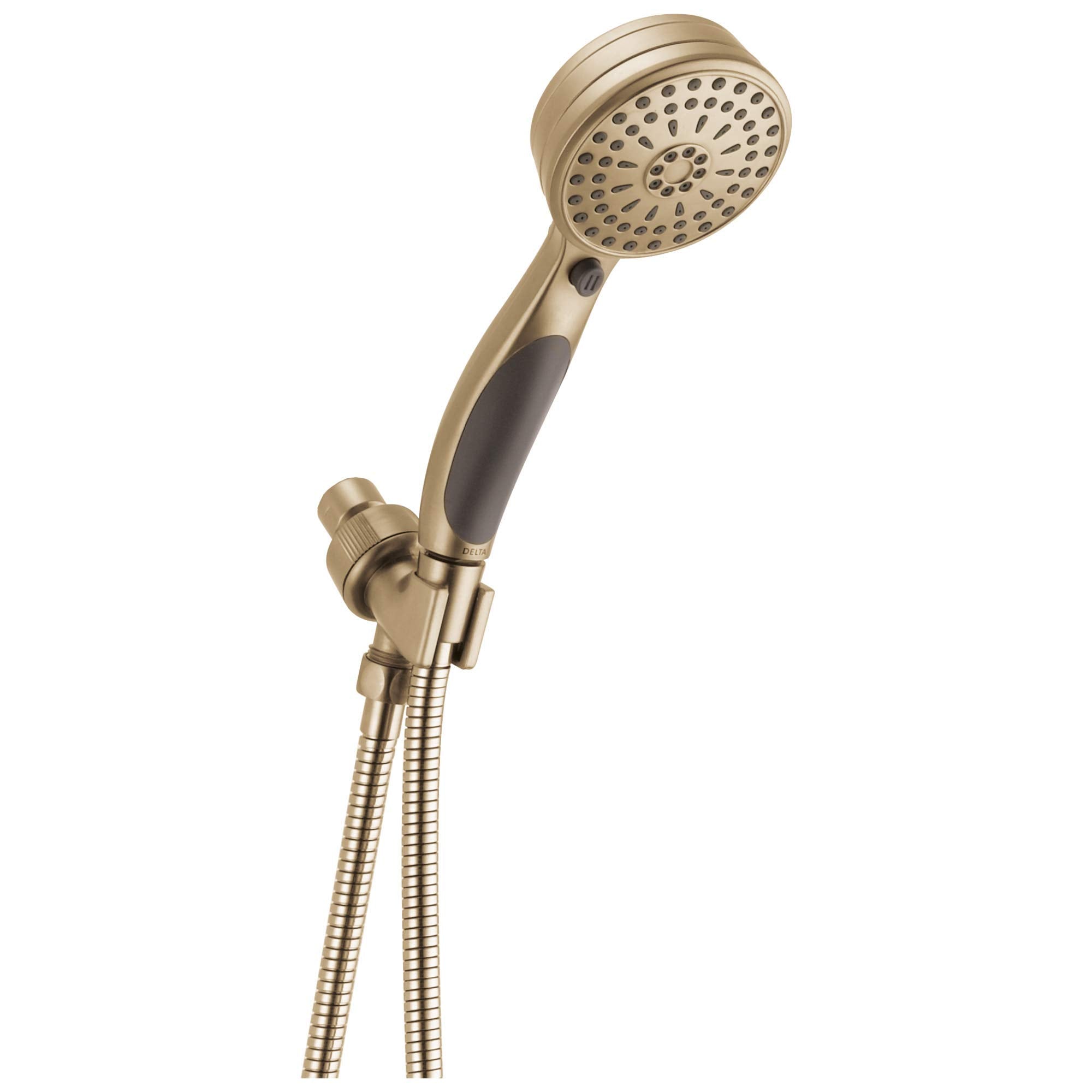 Champagne bronze handheld showerhead with perforated face, grip handle, and flexible hose with wall-mounted bracket.