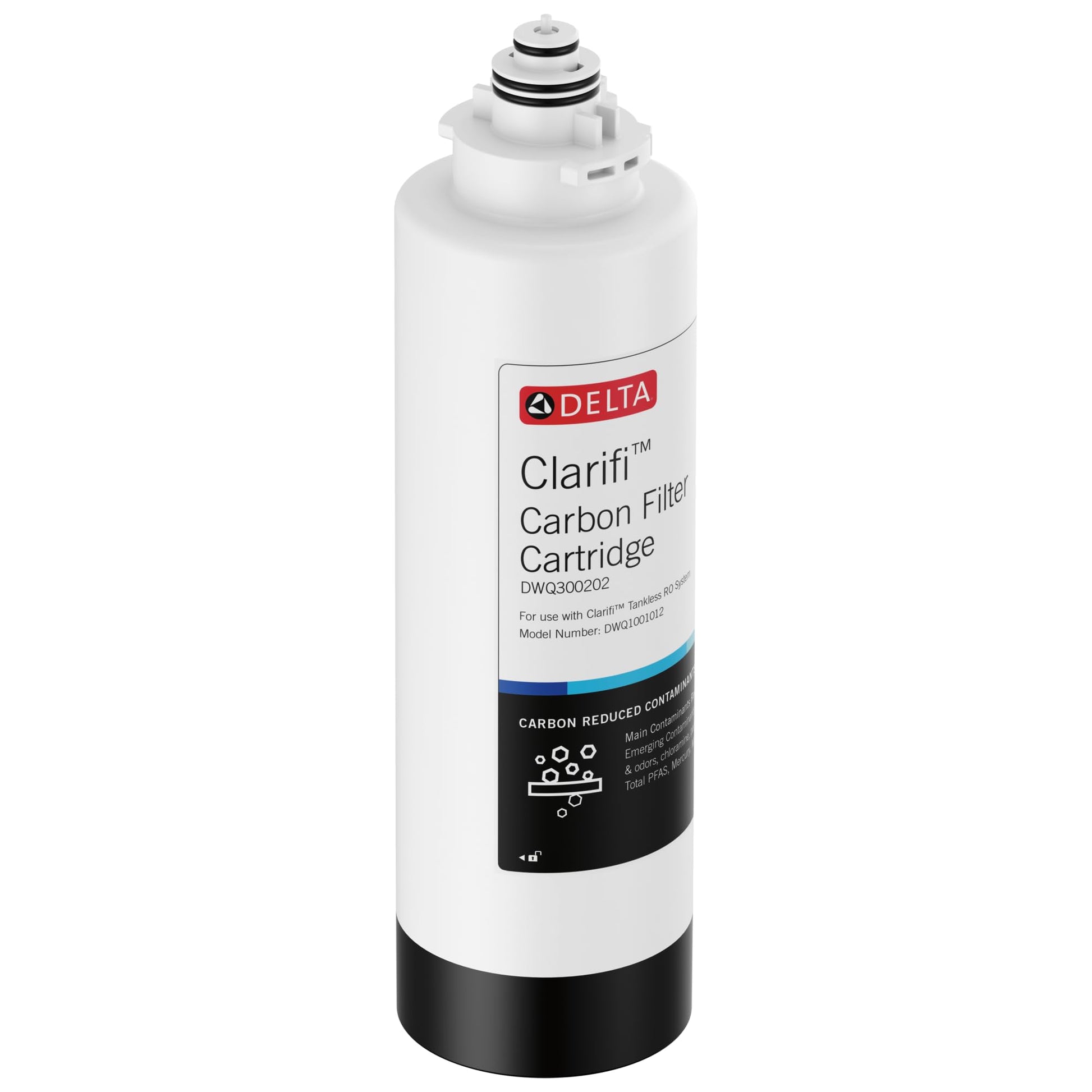 White cylindrical Delta Clarifi carbon filter cartridge with black base and connector fitting at top.