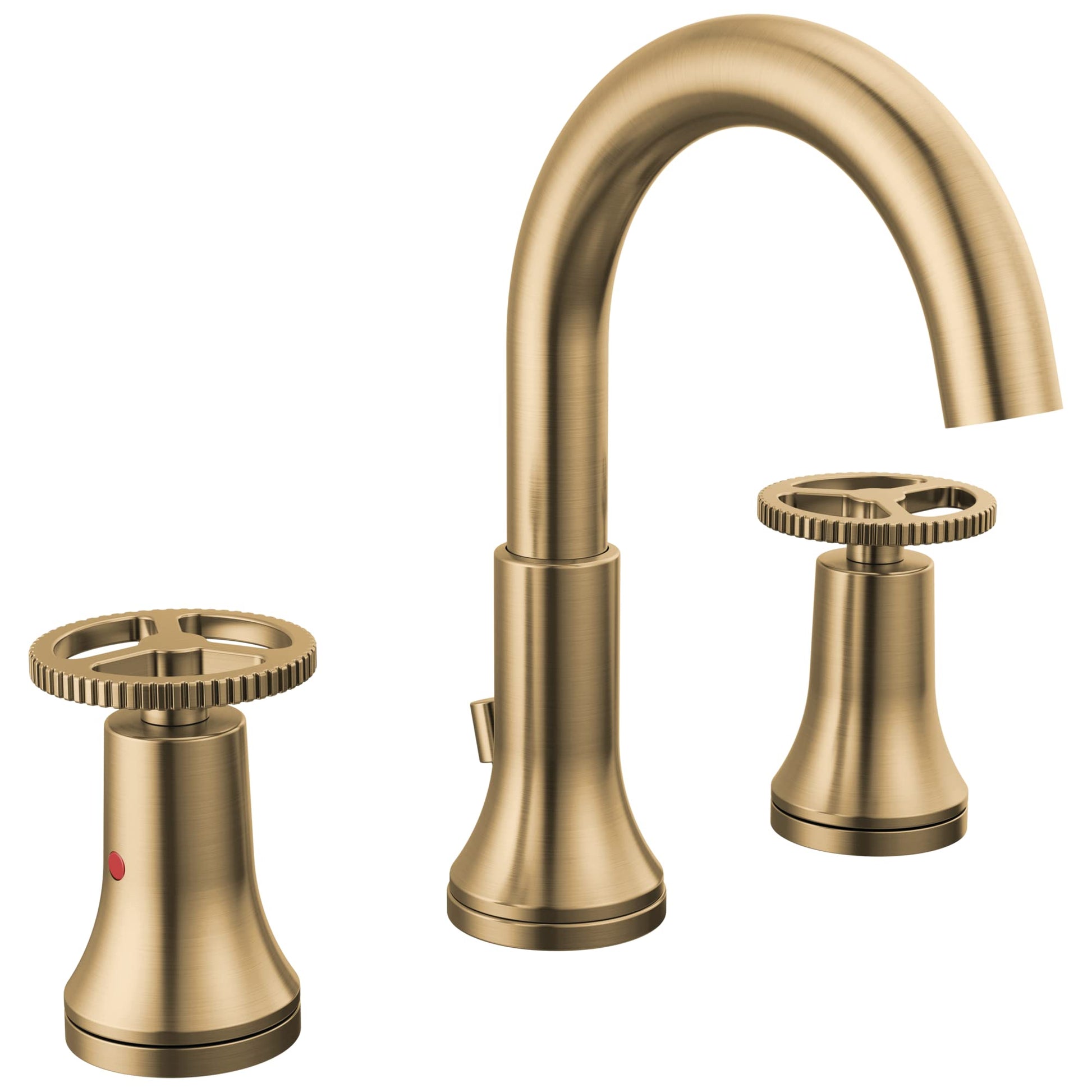Gold widespread bathroom faucet with curved spout and two wheel handles on either side.