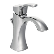 Chrome single-handle bathroom sink faucet with curved spout and lever handle.