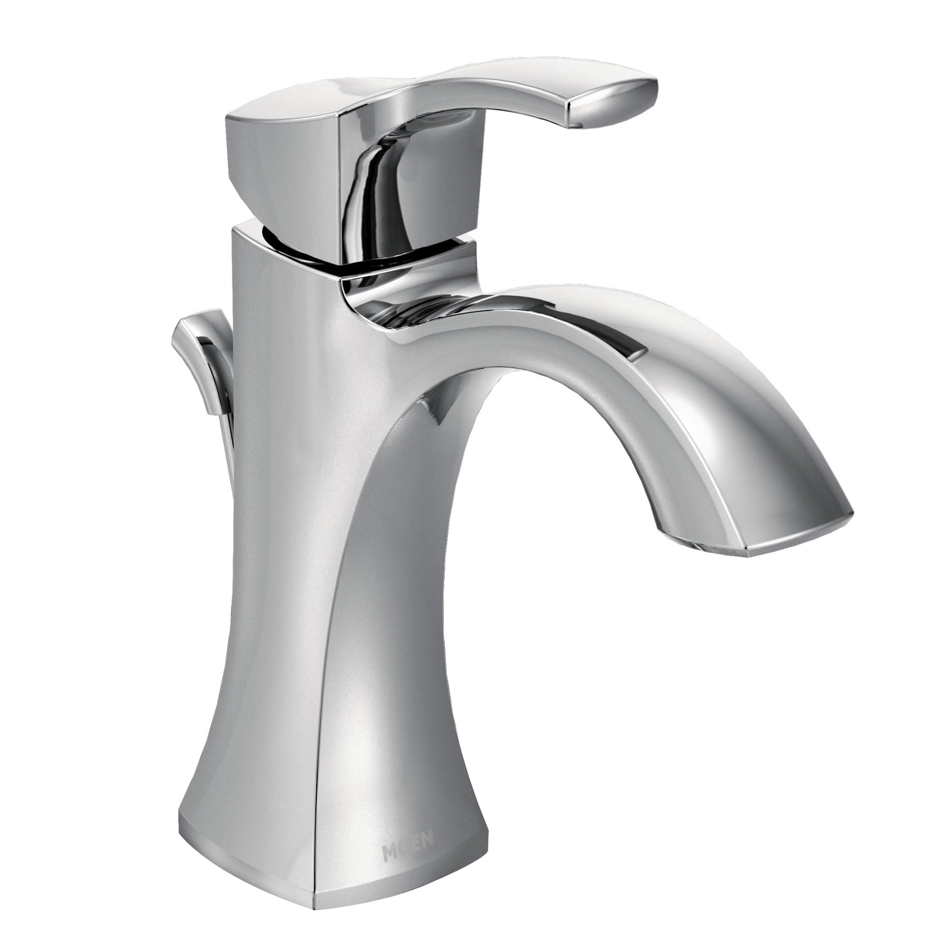 Chrome single-handle bathroom sink faucet with curved spout and lever handle.