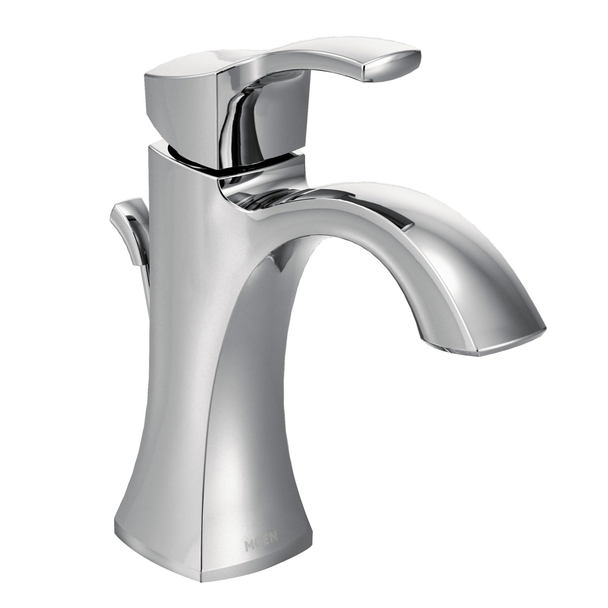 Chrome single-handle bathroom sink faucet with curved spout and lever handle.