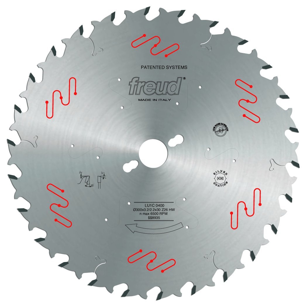 Freud 300mm circular saw blade with carbide teeth and central arbor hole, marked "Made in Italy."