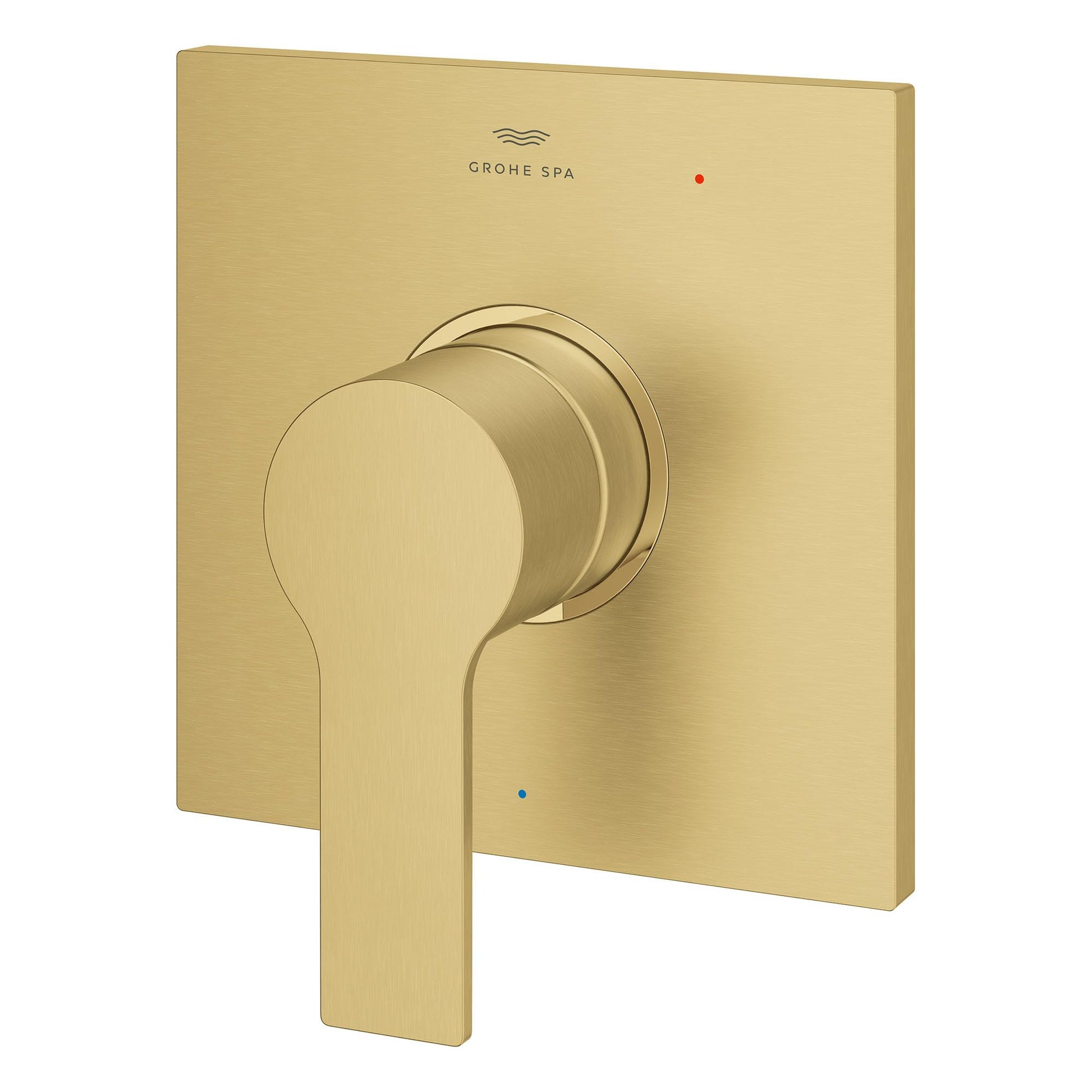 Grohe Allure pressure balance valve trim with single lever handle in brushed gold finish with red and blue indicator dots.