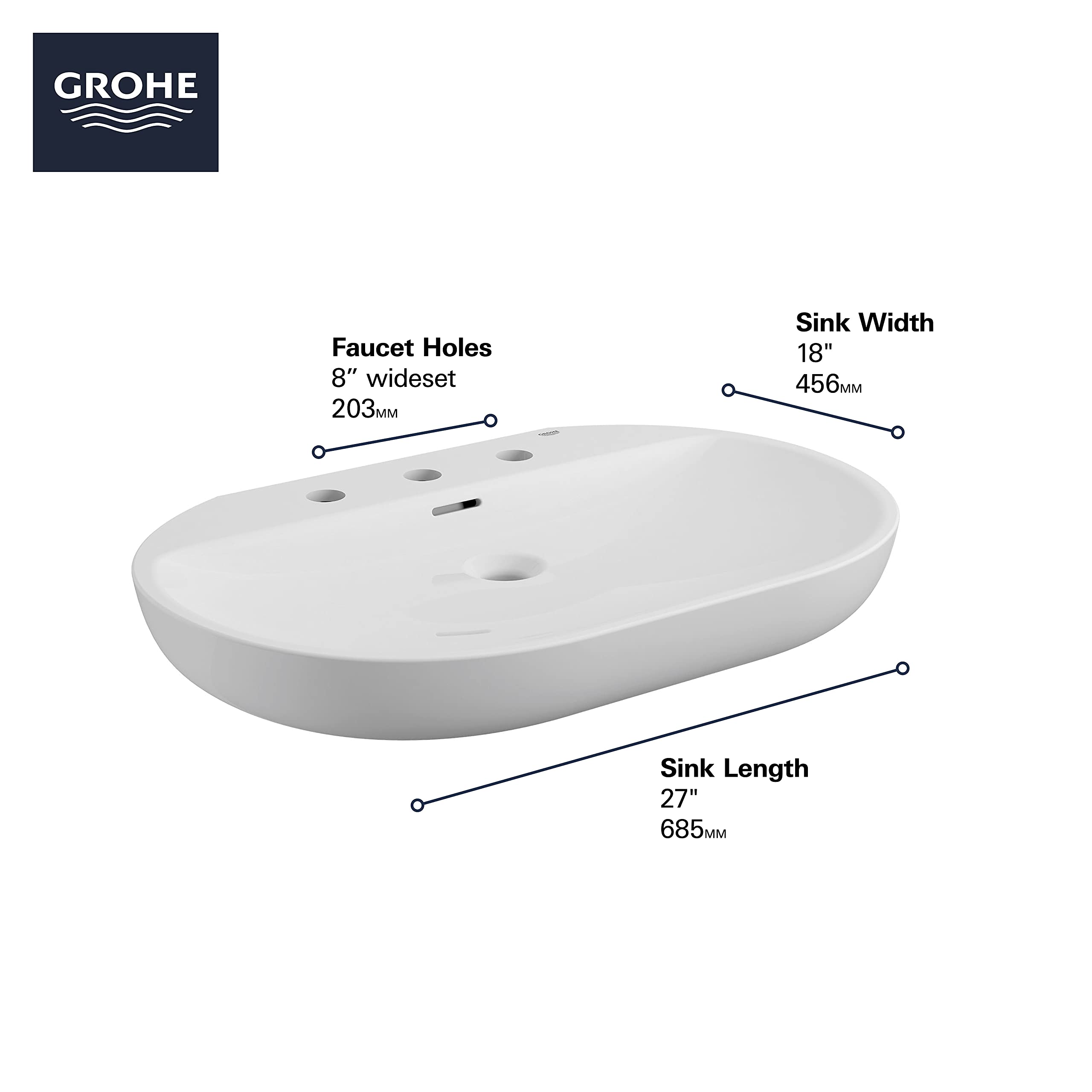 White oval wall-mount bathroom sink with three faucet holes, 27" length by 18" width.