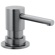 Cylindrical stainless steel soap dispenser with horizontal pump lever and round base in brushed metal finish.