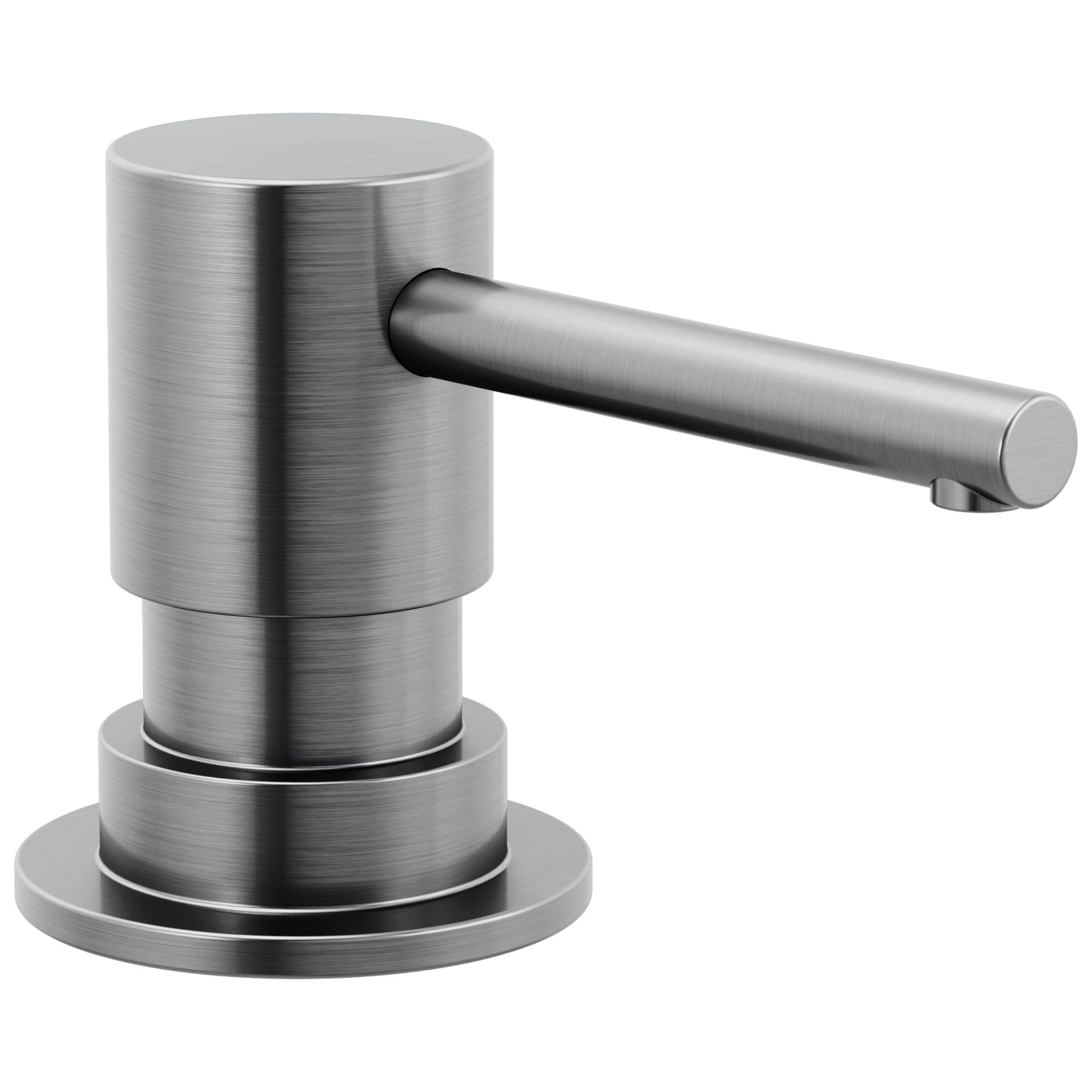 Cylindrical stainless steel soap dispenser with horizontal pump lever and round base in brushed metal finish.