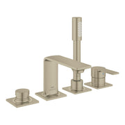 Grohe Allure brushed nickel 4-hole deck mount Roman tub faucet with single handle, spout, and hand shower on square base.