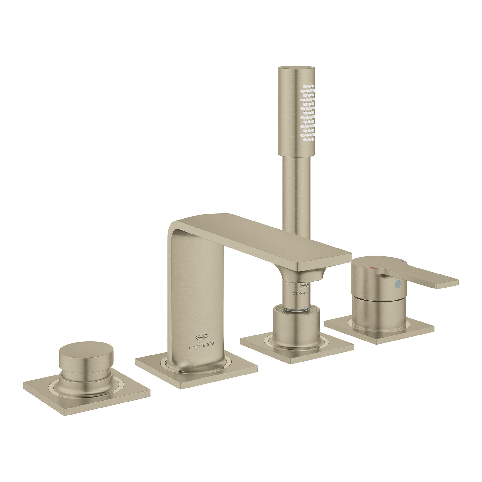 Grohe Allure brushed nickel 4-hole deck mount Roman tub faucet with single handle, spout, and hand shower on square base.