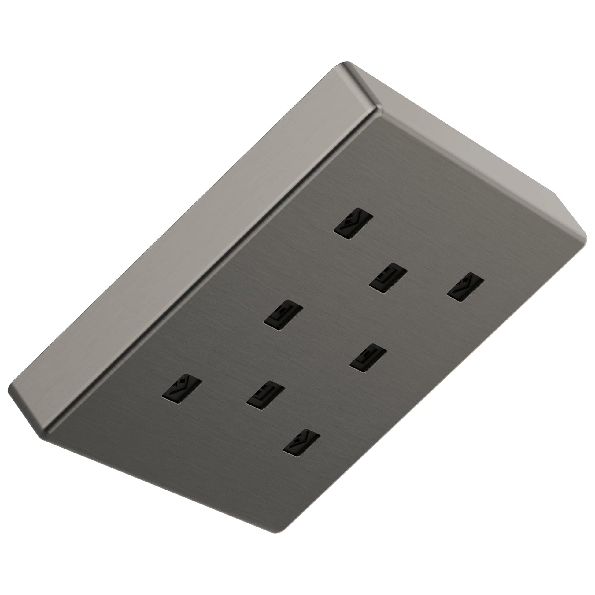 Square metal raincan shower head with multiple spray nozzles, brushed gray finish, ceiling-mounted orientation.