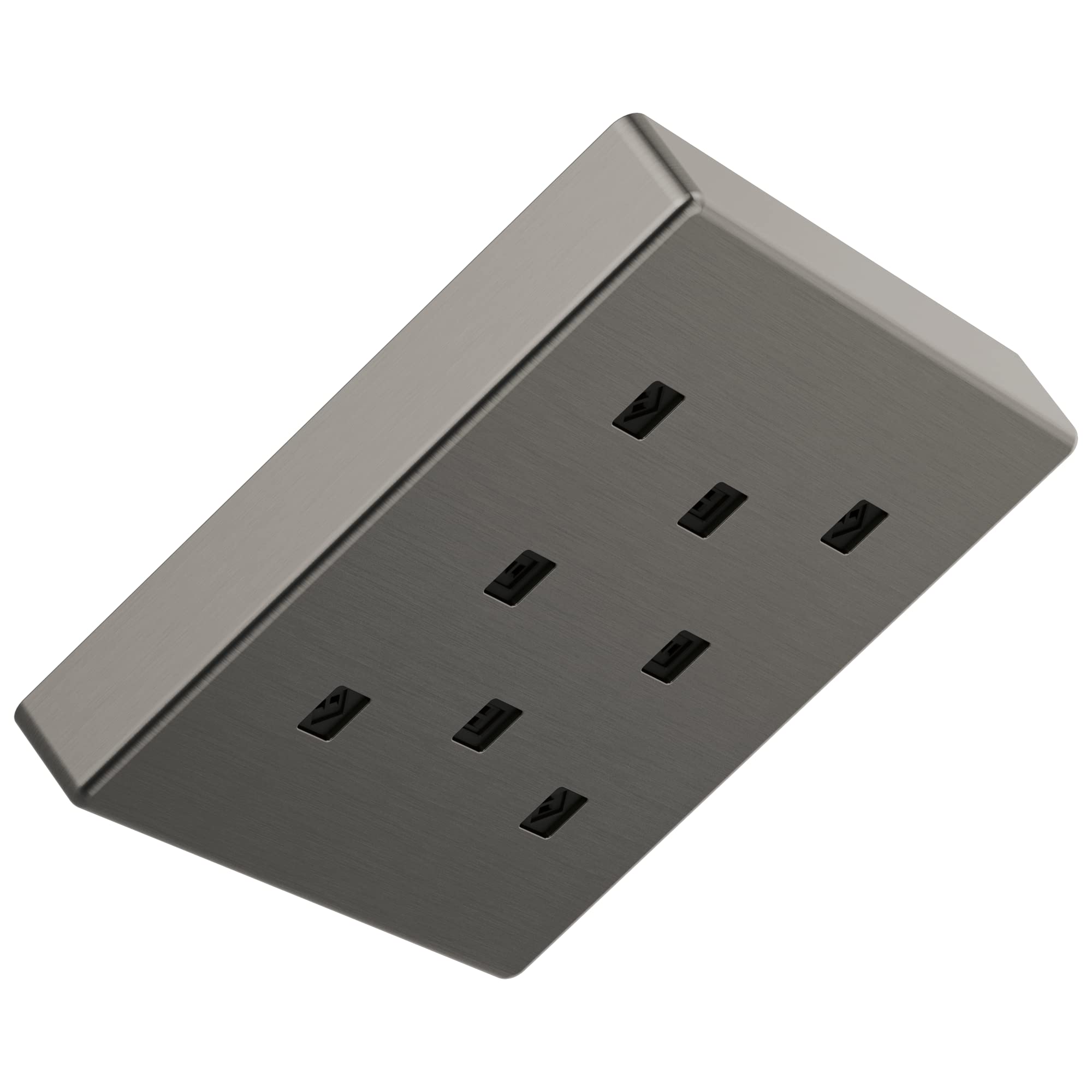 Square metal raincan shower head with multiple spray nozzles, brushed gray finish, ceiling-mounted orientation.