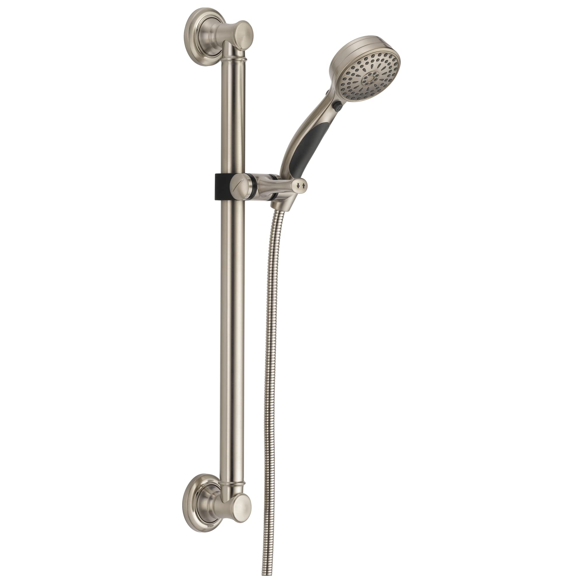 Brushed nickel hand shower with perforated head mounted on vertical slide bar with black grip and flexible hose.
