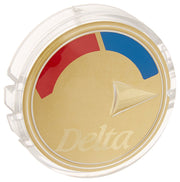 Circular polished brass button with white arrow design and red and blue color indicators on clear plastic backing.
