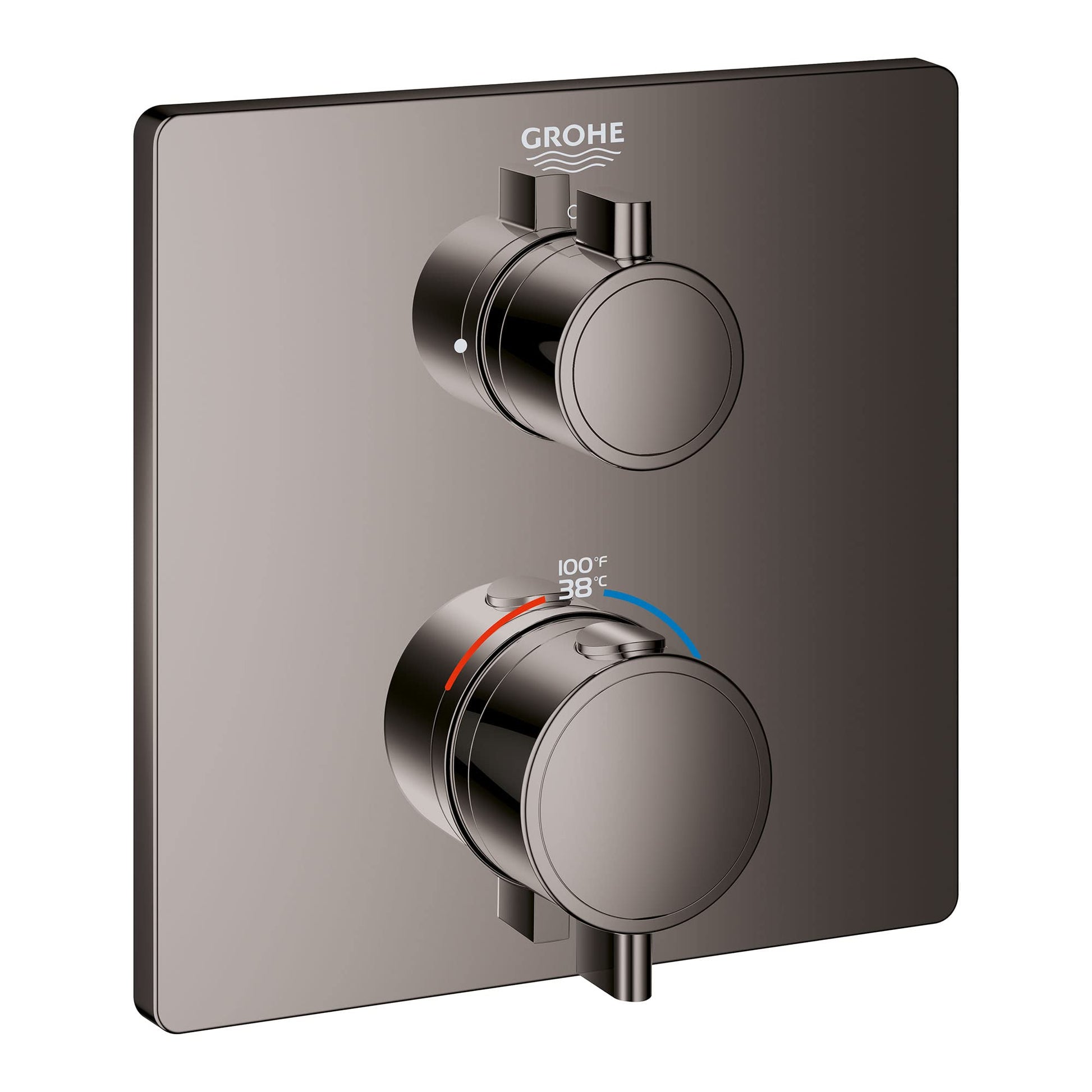 Grohe thermostatic valve trim with two round handles and temperature dial on dark graphite square plate.