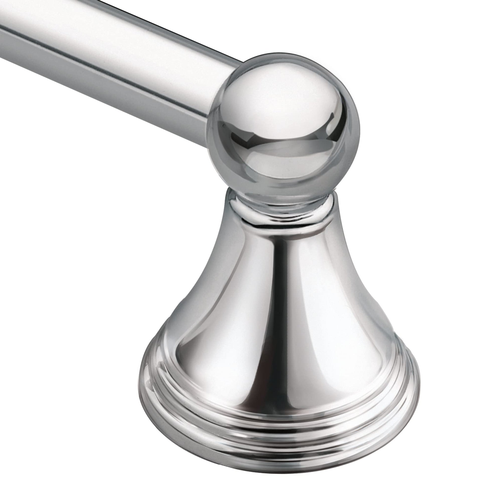 Chrome towel bar with spherical finial end and bell-shaped wall bracket mount.