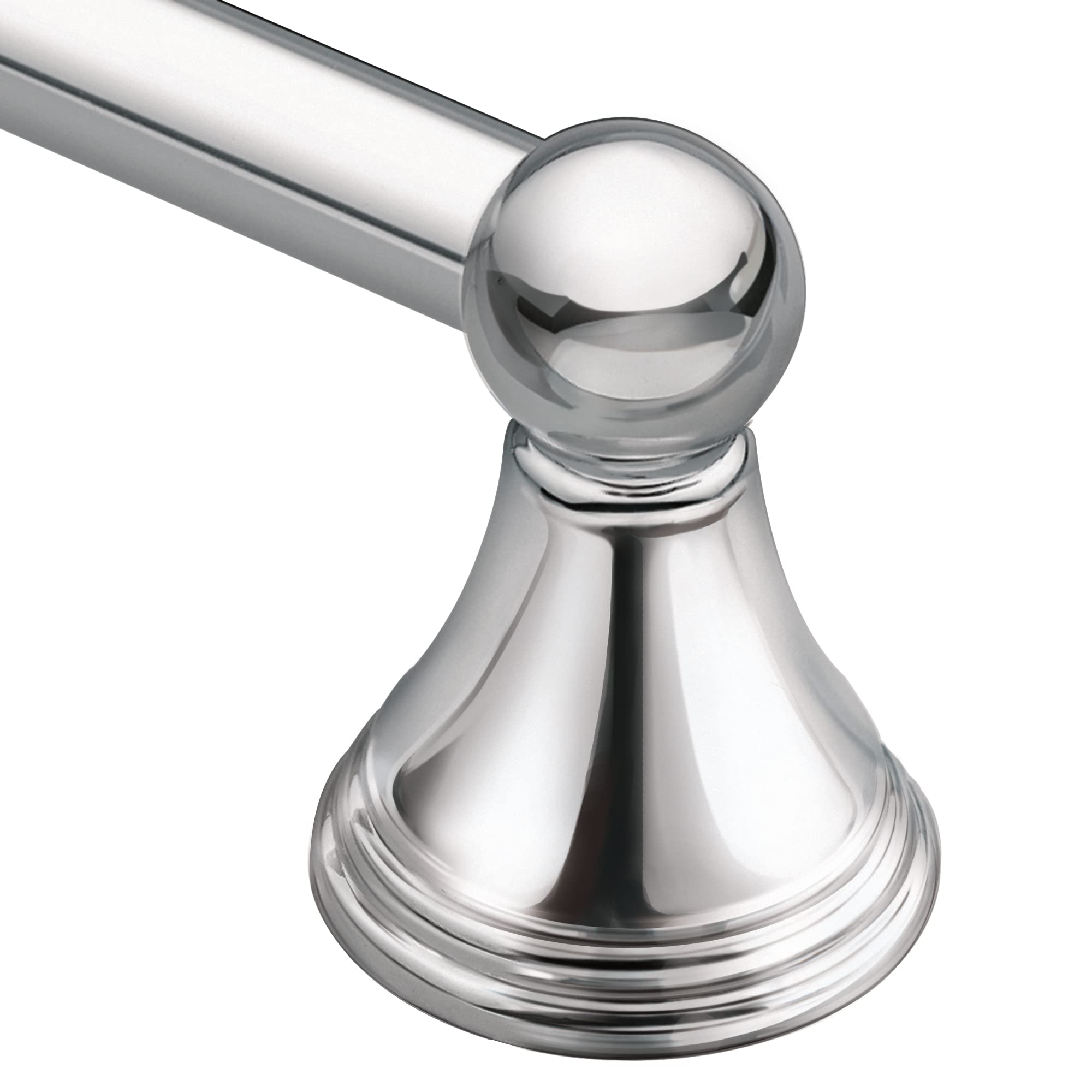 Chrome towel bar with spherical finial end and bell-shaped wall bracket mount.