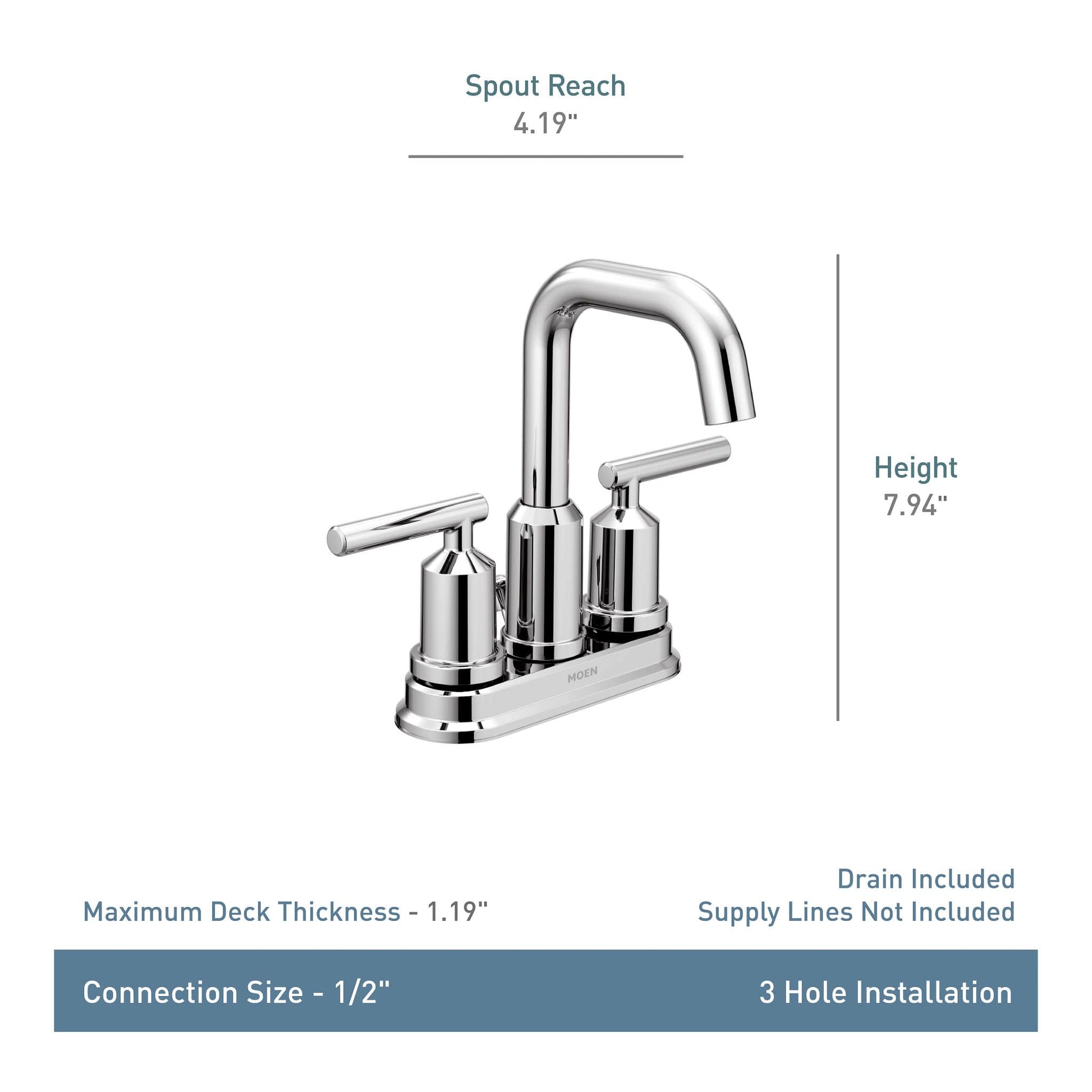 Chrome two-handle centerset faucet with curved spout, 7.94 inches tall, 4.19 inches spout reach.