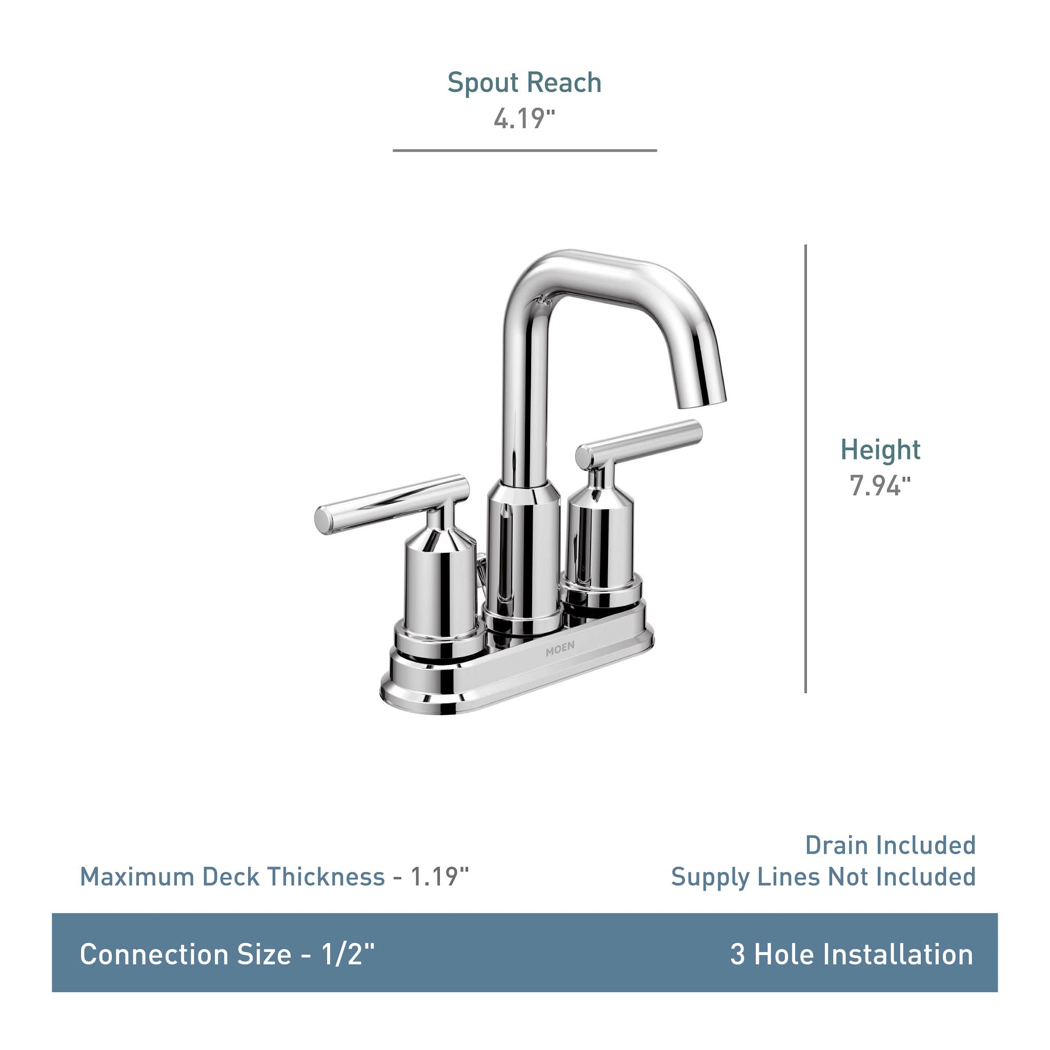 Chrome two-handle centerset faucet with curved spout, 7.94 inches tall, 4.19 inches spout reach.