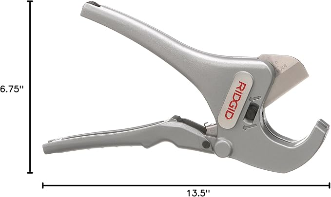 Silver and gray RIDGID ratchet action pipe cutter with aluminum body and trigger handle mechanism.