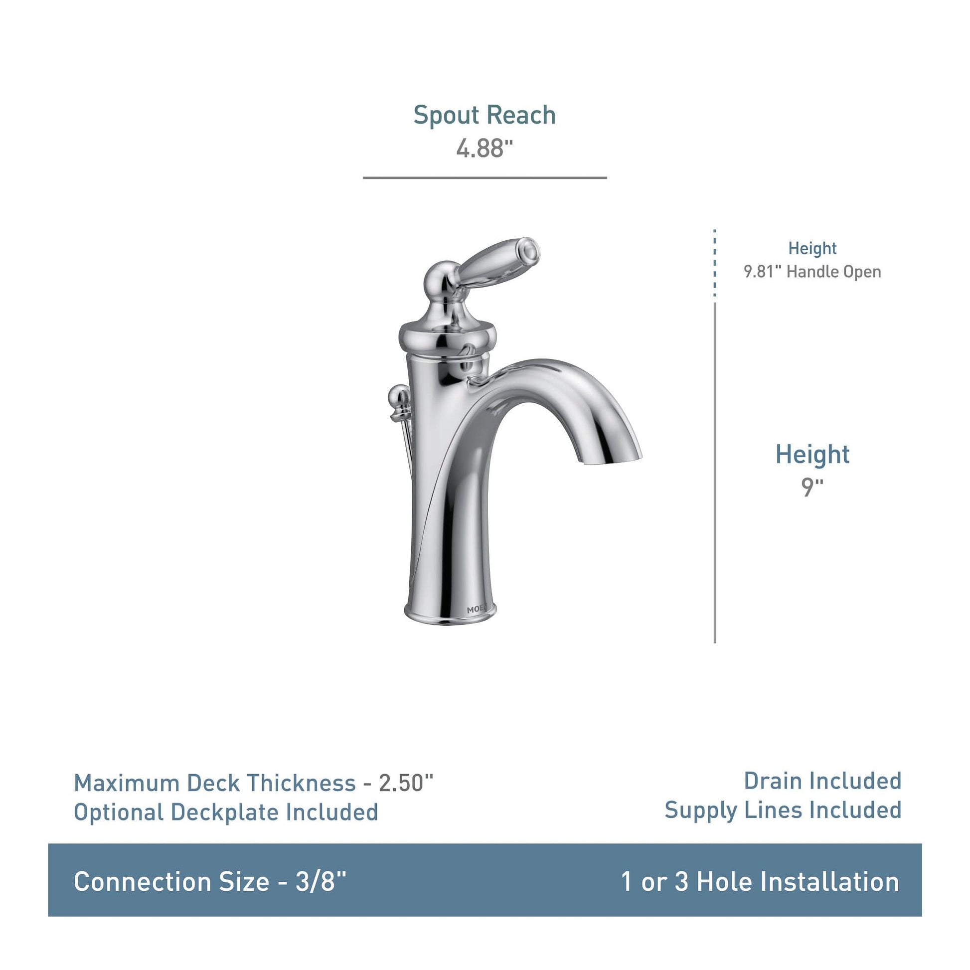 Chrome single-handle bathroom faucet with curved spout, 9" height, lever handle, and low arc design.