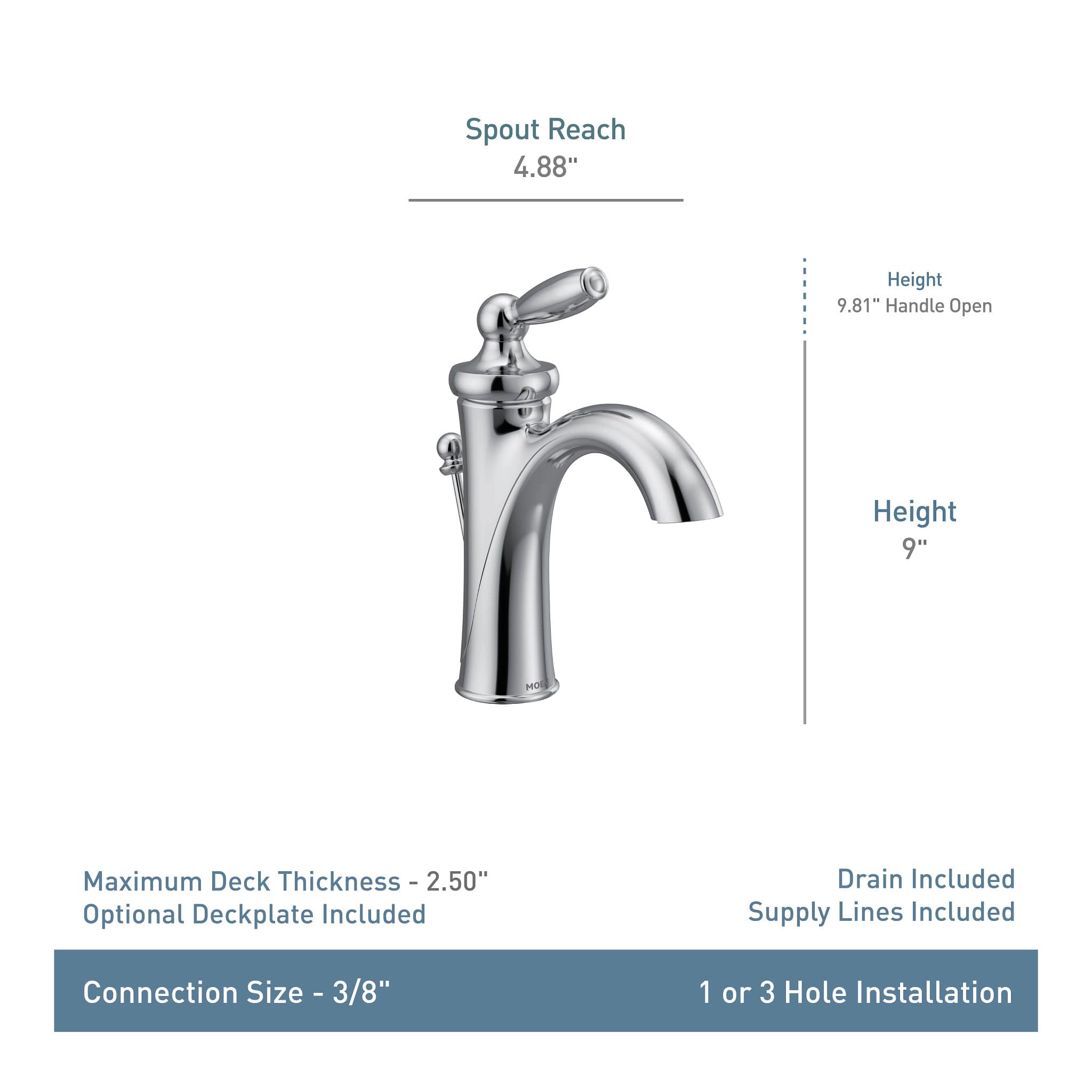 Chrome single-handle bathroom faucet with curved spout, 9" height, lever handle, and low arc design.