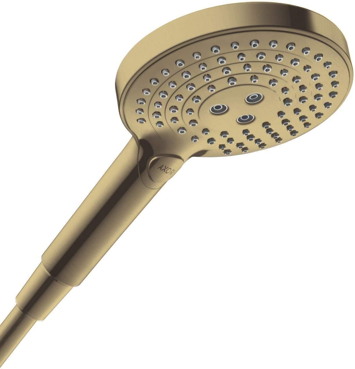 Brushed bronze handheld showerhead with round face, multiple spray jets, and grip handle.