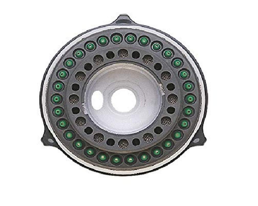 Chrome spray face plate with multiple jet holes arranged in circles and green indicator dots around the perimeter.