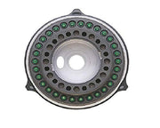 Chrome spray face plate with multiple jet holes arranged in circles and green indicator dots around the perimeter.