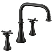 Matte black two-handle roman tub faucet trim with cross handles and arched spout.