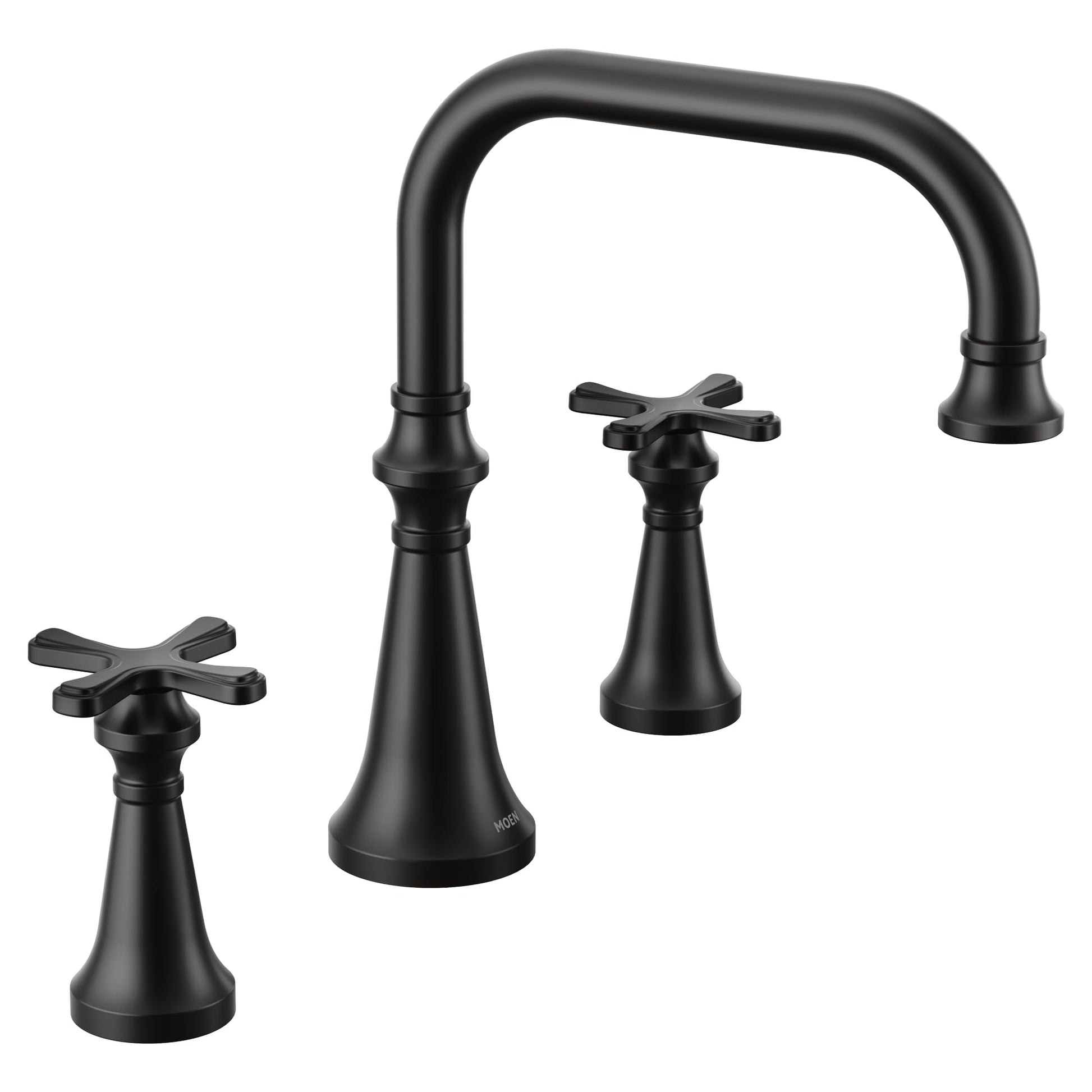 Matte black two-handle roman tub faucet trim with cross handles and arched spout.