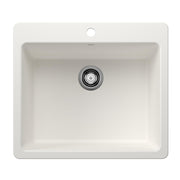 White single bowl kitchen sink with rounded corners and chrome drain strainer, top view.