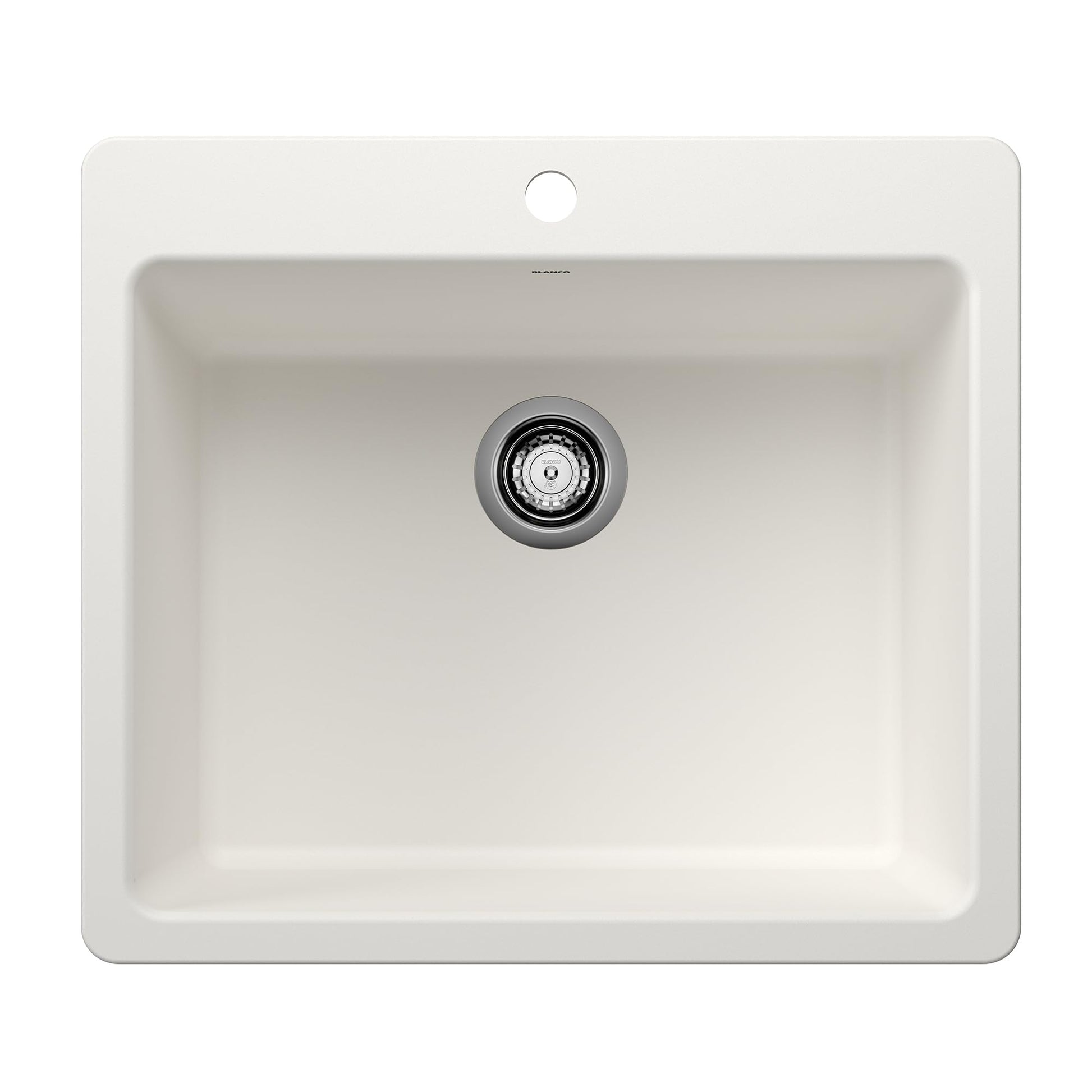 White single bowl kitchen sink with rounded corners and chrome drain strainer, top view.