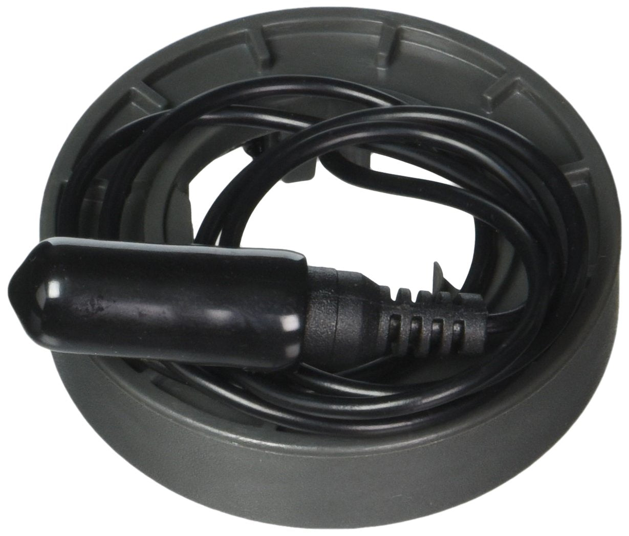 Black electronic base assembly with coiled power cord and cylindrical connector attached.