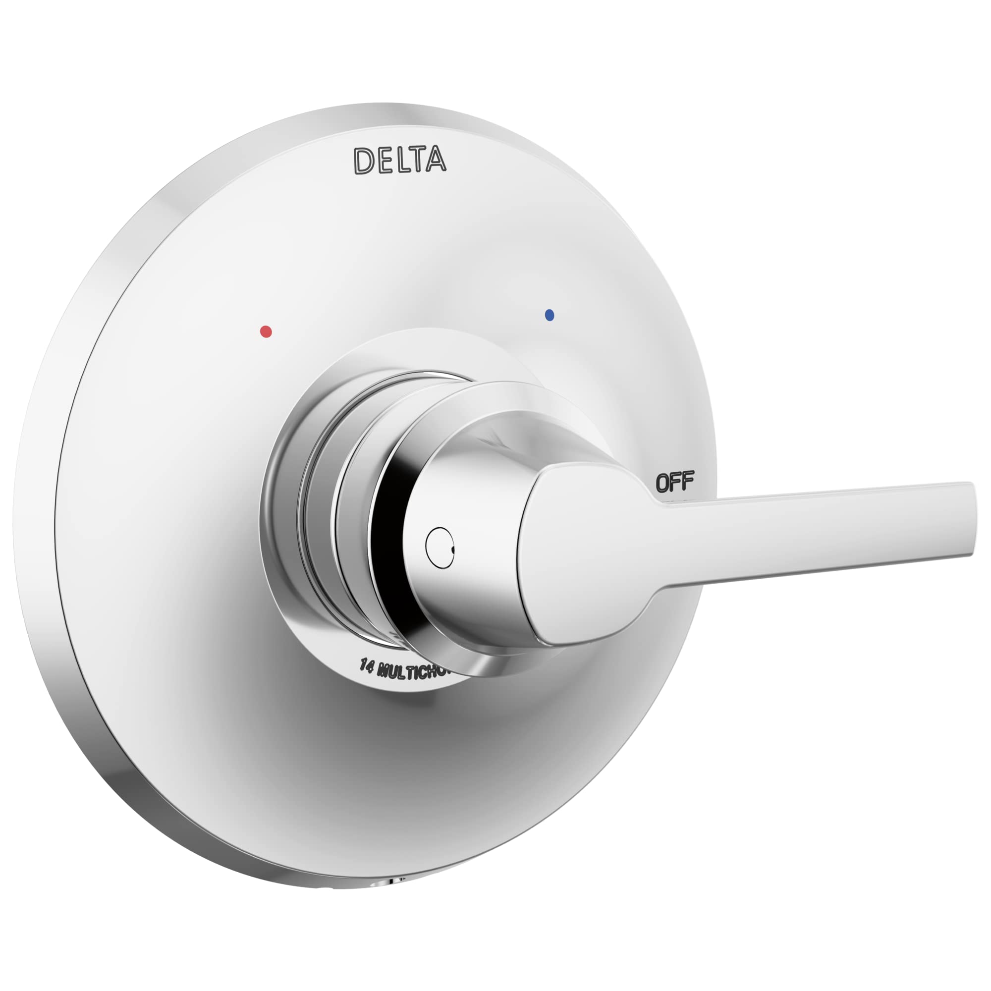 Chrome and white Delta Galeon 14 Series valve trim with single lever handle, red and blue indicator dots, and circular escutc