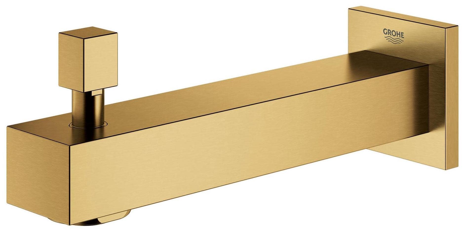 Grohe Eurocube brass tub spout with square diverter lever and wall-mounted bracket.