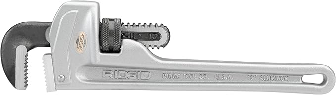 RIDGID 10 inch aluminum straight pipe wrench with adjustable jaw and textured grip handle.
