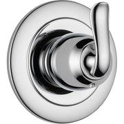 Chrome diverter trim with curved lever handle and concentric circular plate design for shower valve control.