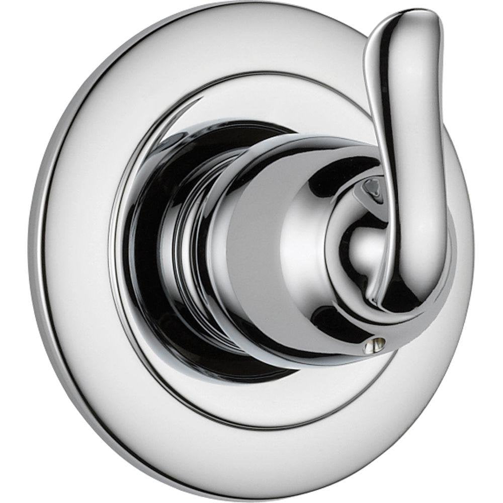 Chrome diverter trim with curved lever handle and concentric circular plate design for shower valve control.