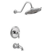 Chrome tub and shower trim kit with curved showerhead, wall-mounted valve, and tub spout.