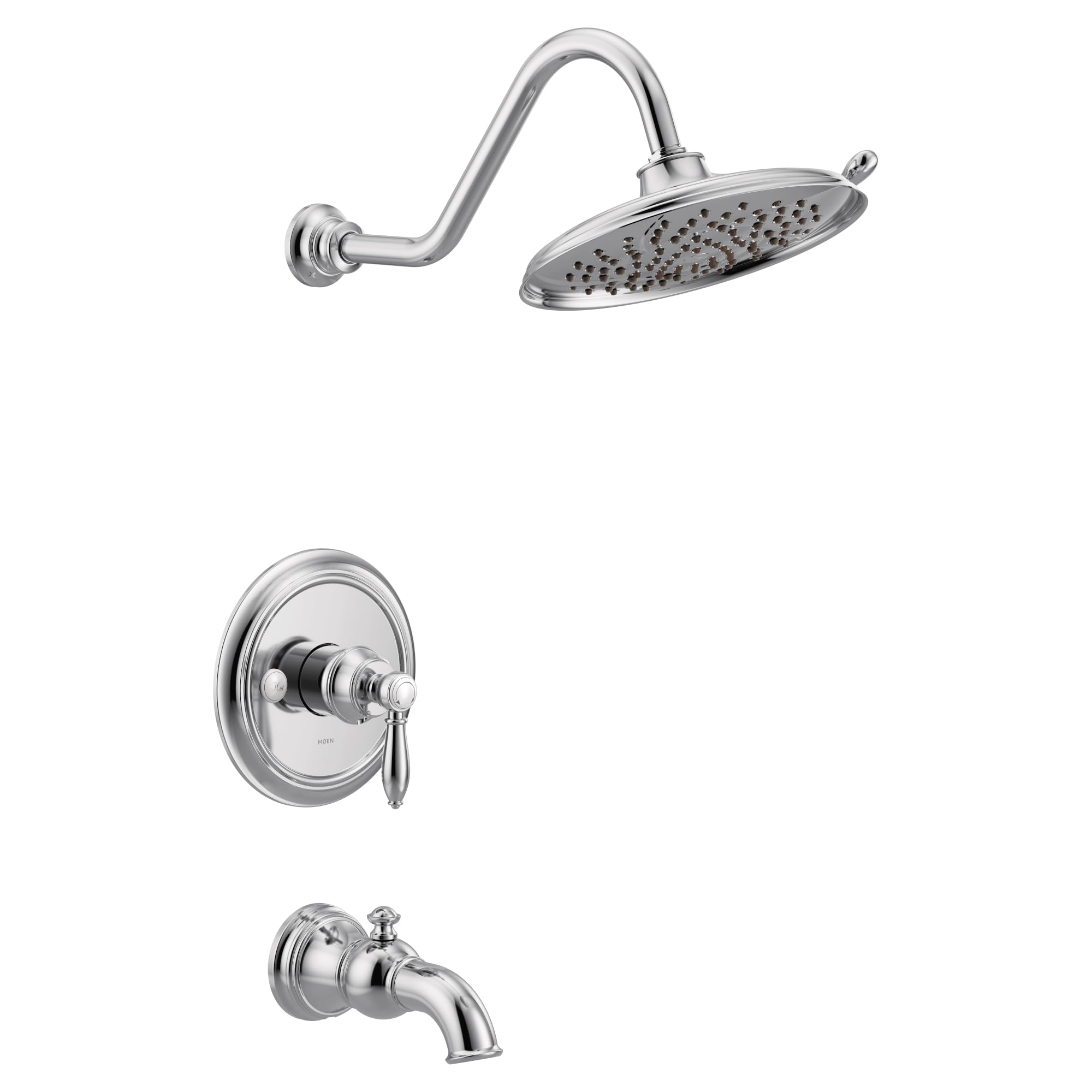 Chrome tub and shower trim kit with curved showerhead, wall-mounted valve, and tub spout.