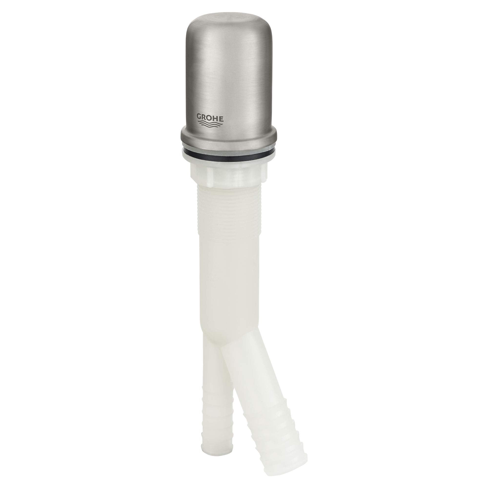 Grohe stainless steel air gap with white plastic pipe fitting and black seal ring.