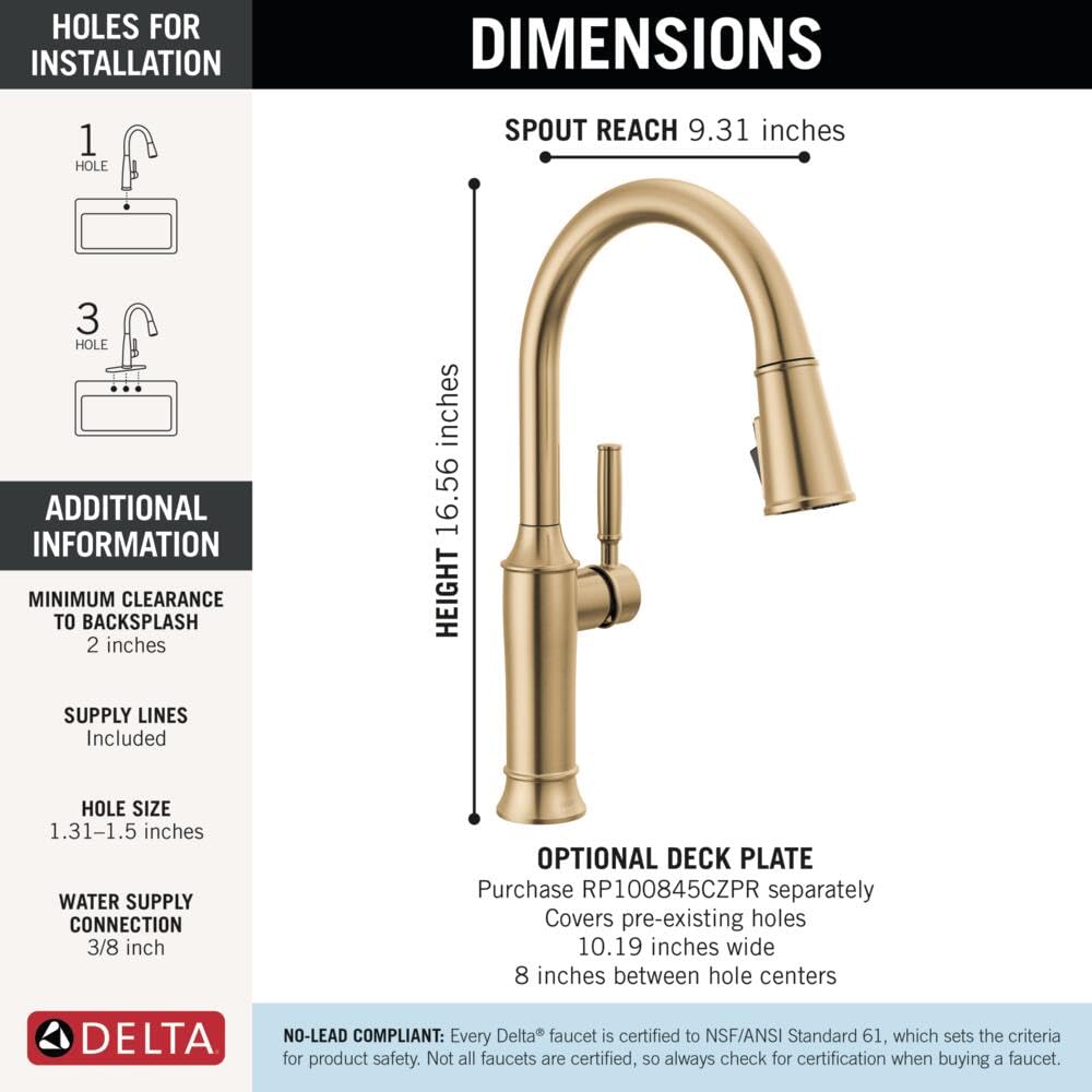 Single handle pull-down kitchen faucet in champagne bronze with 9.31-inch spout reach and 16.56-inch height.