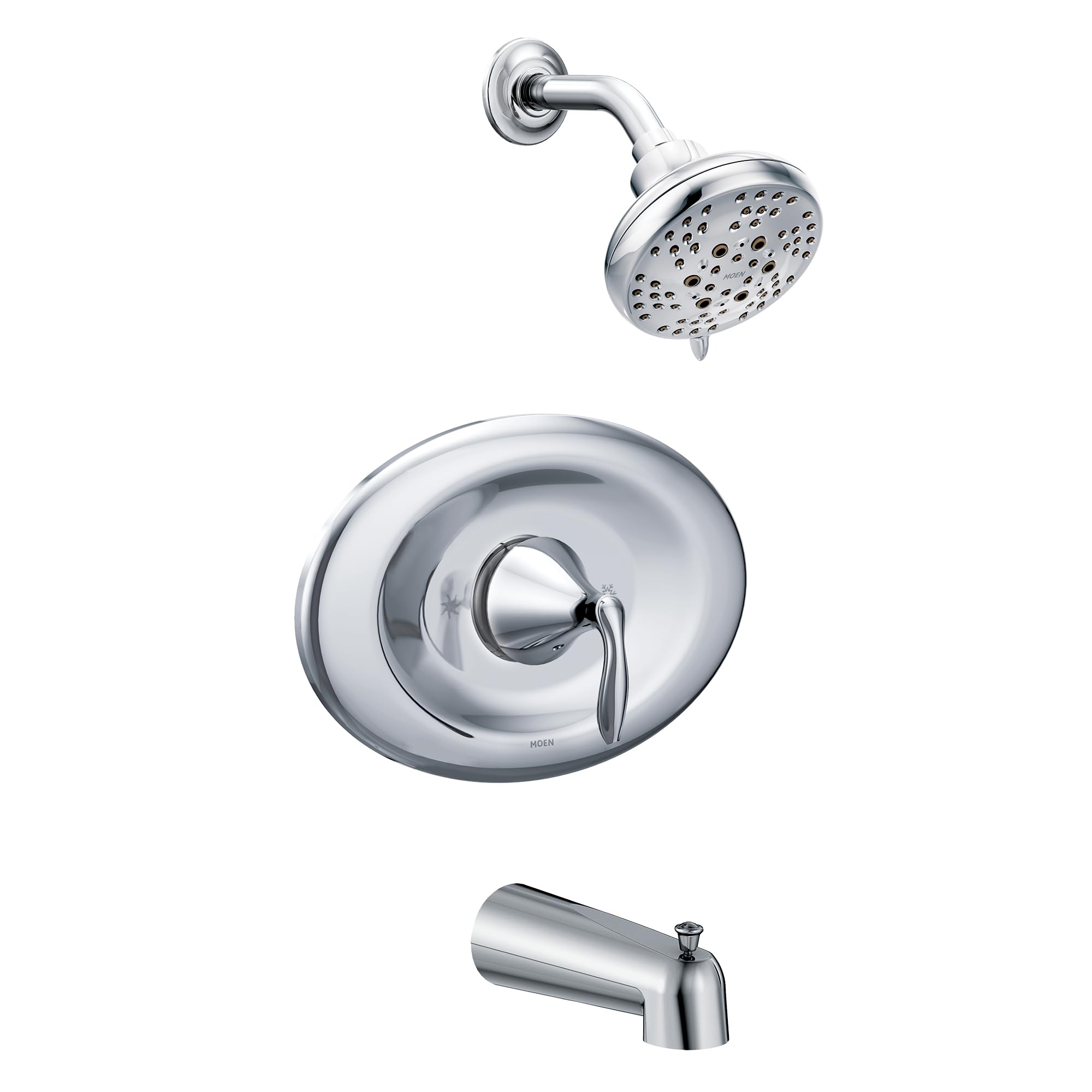 Chrome tub and shower trim kit with single-lever valve, showerhead, and tub spout.