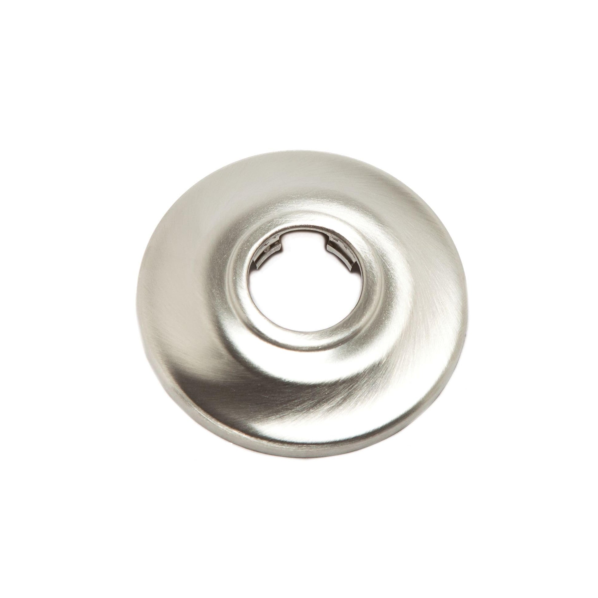 Brushed nickel circular flange with central opening for shower arm installation.