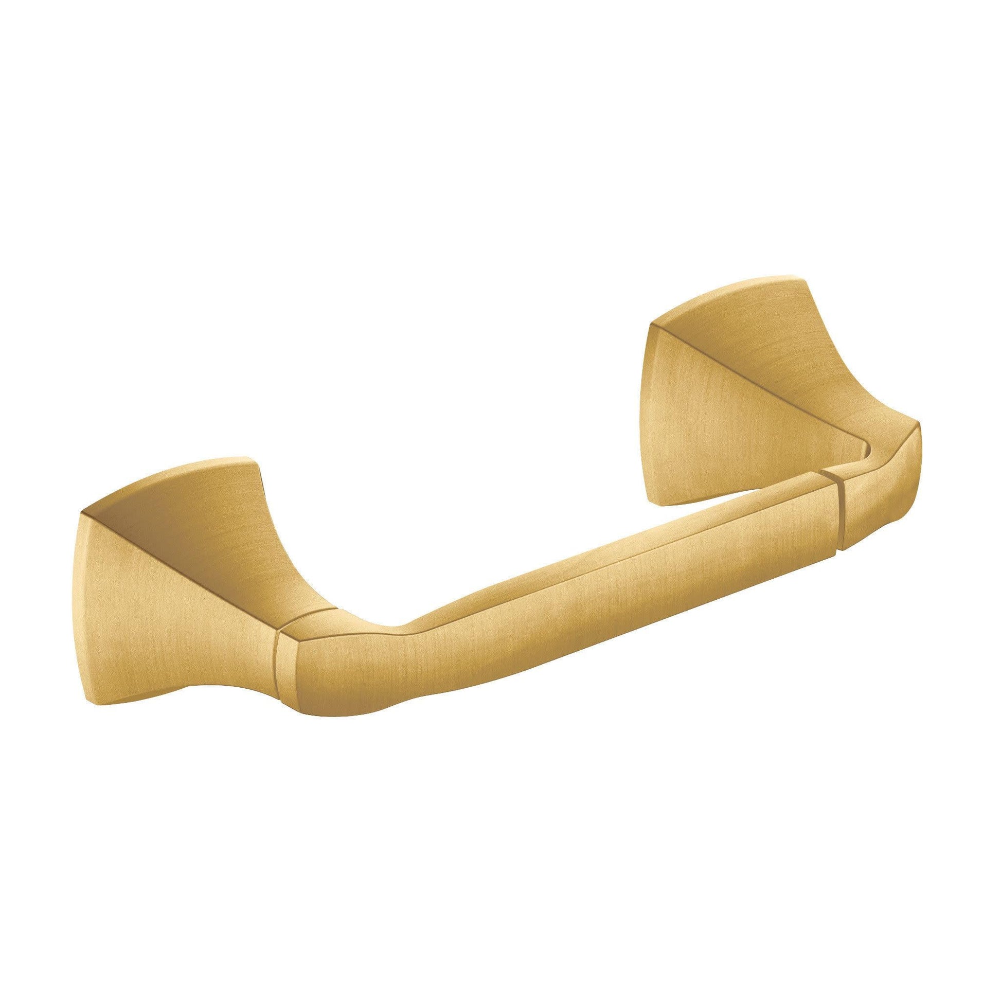 Brushed gold toilet paper holder with curved arms and pivoting end caps on both sides.