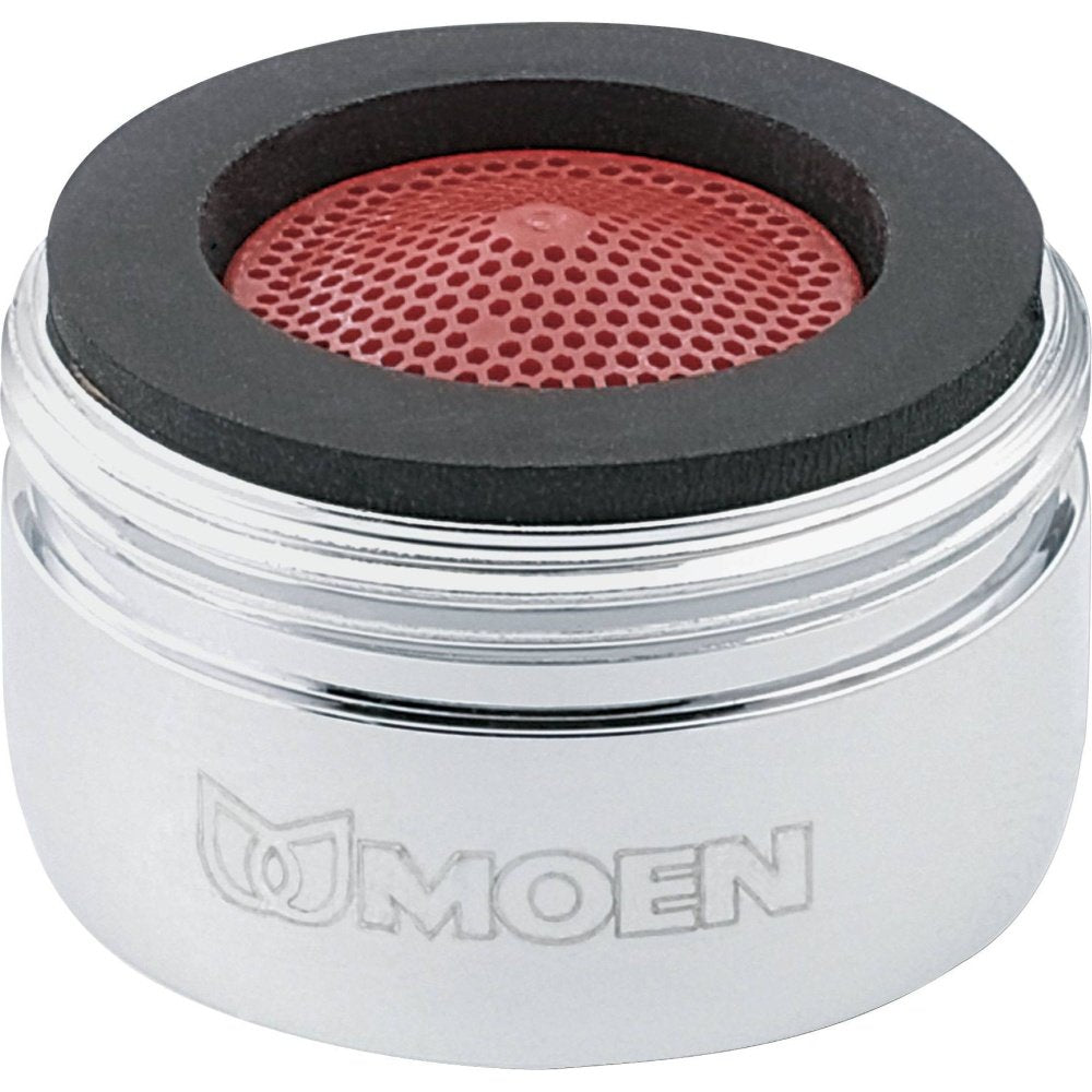 Chrome faucet aerator with red perforated screen and black rubber gasket ring.