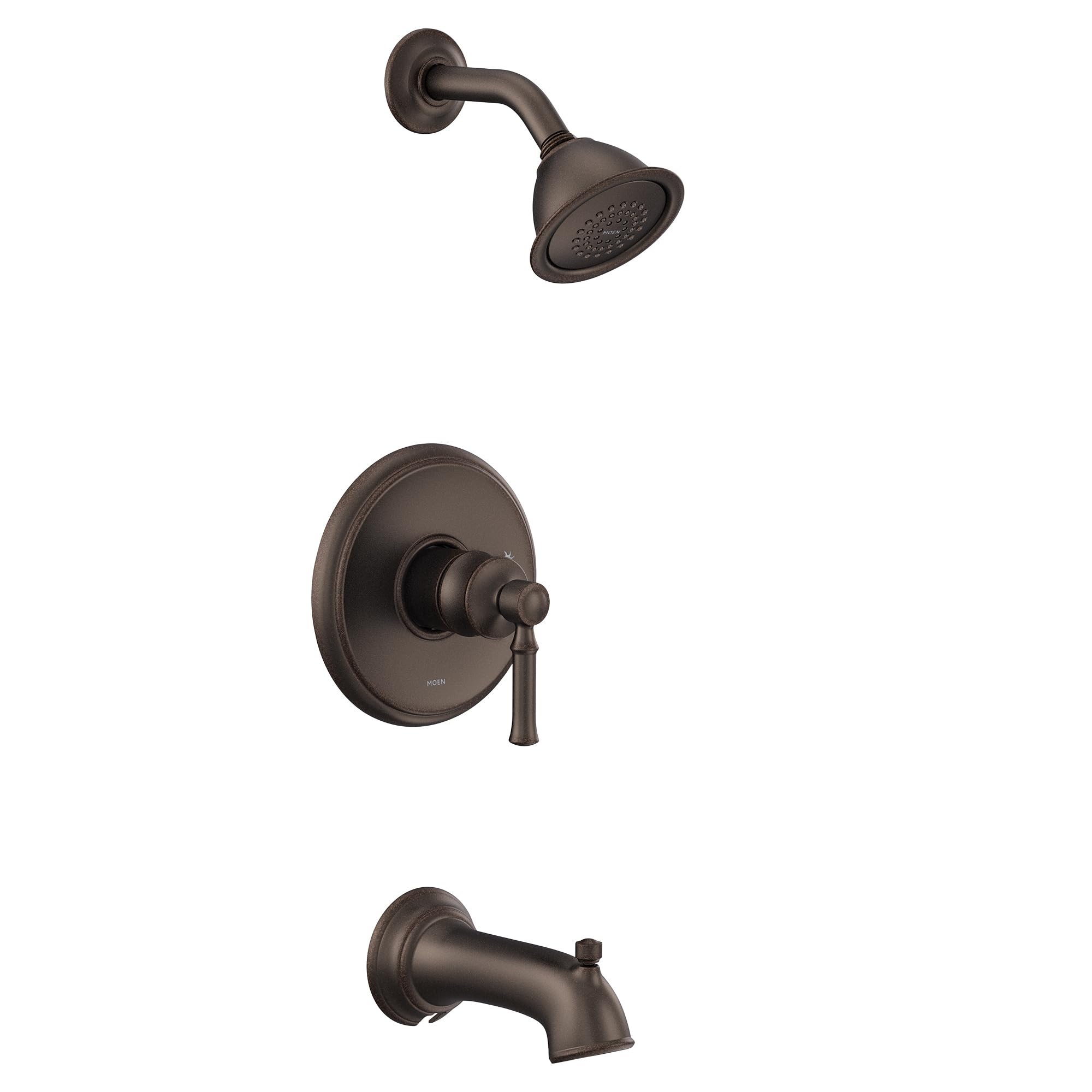 Oil-rubbed bronze tub and shower trim kit with single handle, showerhead, and tub spout.